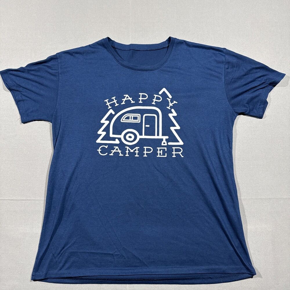 Womens 2XL Blue Tshirt Happy Camper Nature Camping Glamping